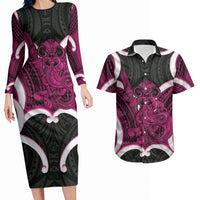 Mawhero Aotearoa Atua Tumatauenga Personalised Couples Matching Long Sleeve Bodycon Dress and Hawaiian Shirt Maori God Of War Tiki With Taiaha LT14 Pink - Polynesian Pride
