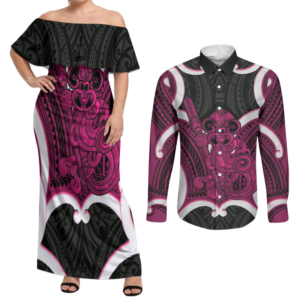 Mawhero Aotearoa Atua Tumatauenga Personalised Couples Matching Off Shoulder Maxi Dress and Long Sleeve Button Shirt Maori God Of War Tiki With Taiaha LT14 Pink - Polynesian Pride