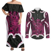 Mawhero Aotearoa Atua Tumatauenga Personalised Couples Matching Off Shoulder Maxi Dress and Long Sleeve Button Shirt Maori God Of War Tiki With Taiaha LT14 Pink - Polynesian Pride