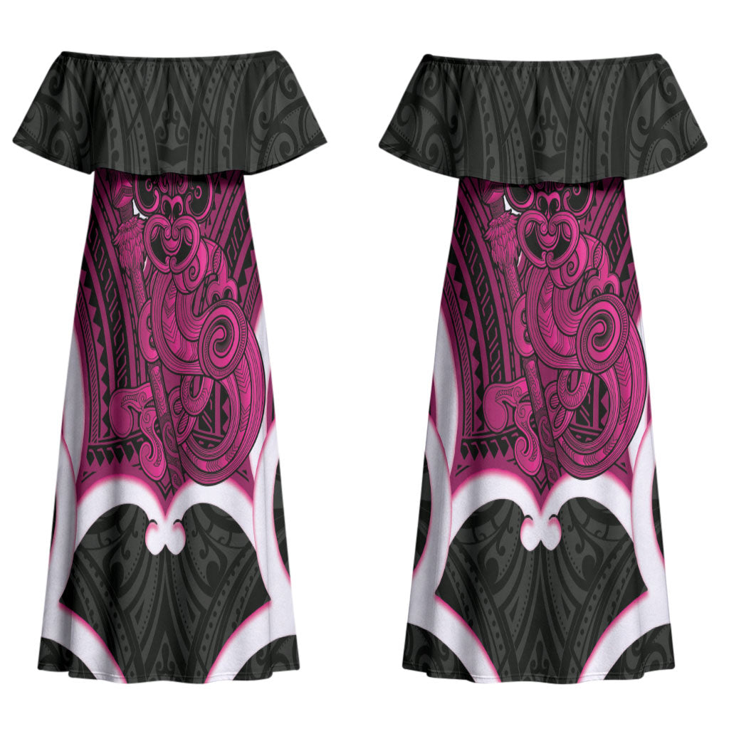 Mawhero Aotearoa Atua Tumatauenga Personalised Couples Matching Off Shoulder Maxi Dress and Long Sleeve Button Shirt Maori God Of War Tiki With Taiaha LT14 - Polynesian Pride