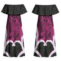Mawhero Aotearoa Atua Tumatauenga Personalised Couples Matching Off Shoulder Maxi Dress and Long Sleeve Button Shirt Maori God Of War Tiki With Taiaha LT14 - Polynesian Pride