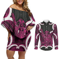Mawhero Aotearoa Atua Tumatauenga Personalised Couples Matching Off Shoulder Short Dress and Long Sleeve Button Shirt Maori God Of War Tiki With Taiaha LT14 Pink - Polynesian Pride