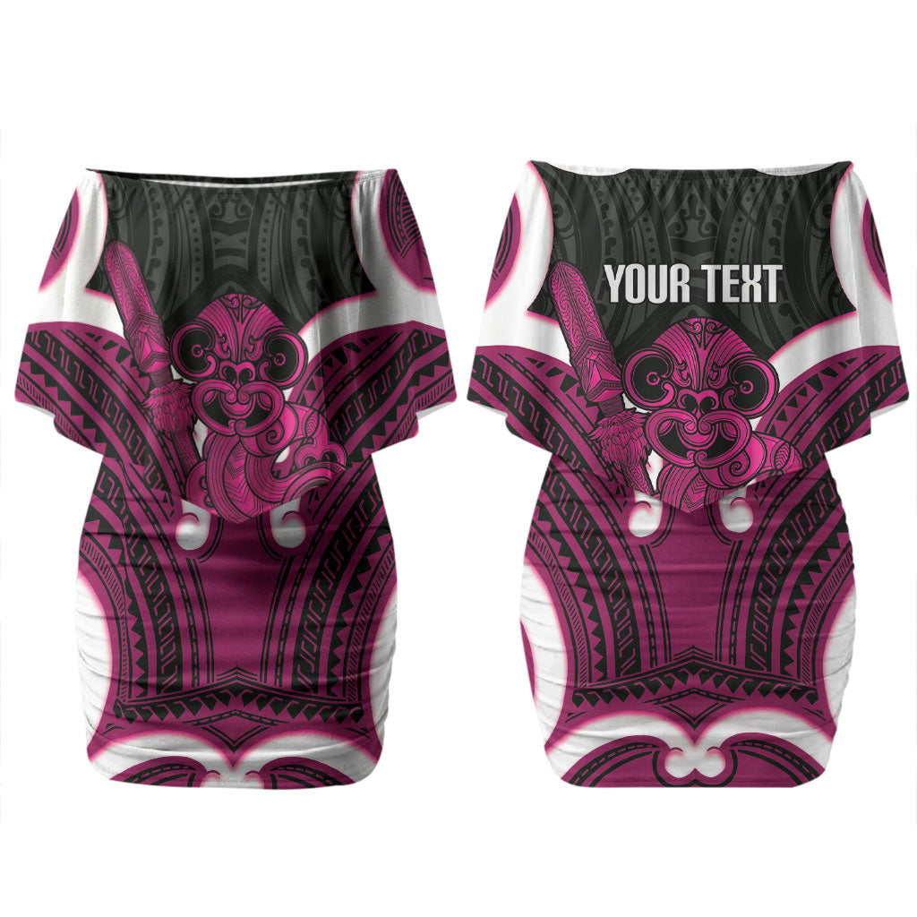 Mawhero Aotearoa Atua Tumatauenga Personalised Couples Matching Off Shoulder Short Dress and Long Sleeve Button Shirt Maori God Of War Tiki With Taiaha LT14 - Polynesian Pride