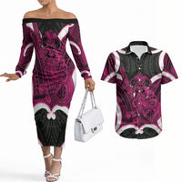 Mawhero Aotearoa Atua Tumatauenga Personalised Couples Matching Off The Shoulder Long Sleeve Dress and Hawaiian Shirt Maori God Of War Tiki With Taiaha LT14 Pink - Polynesian Pride