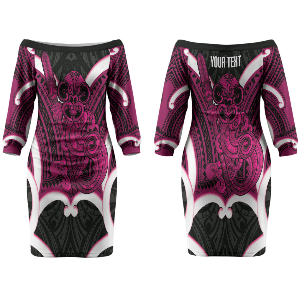 Mawhero Aotearoa Atua Tumatauenga Personalised Couples Matching Off The Shoulder Long Sleeve Dress and Hawaiian Shirt Maori God Of War Tiki With Taiaha LT14 - Polynesian Pride