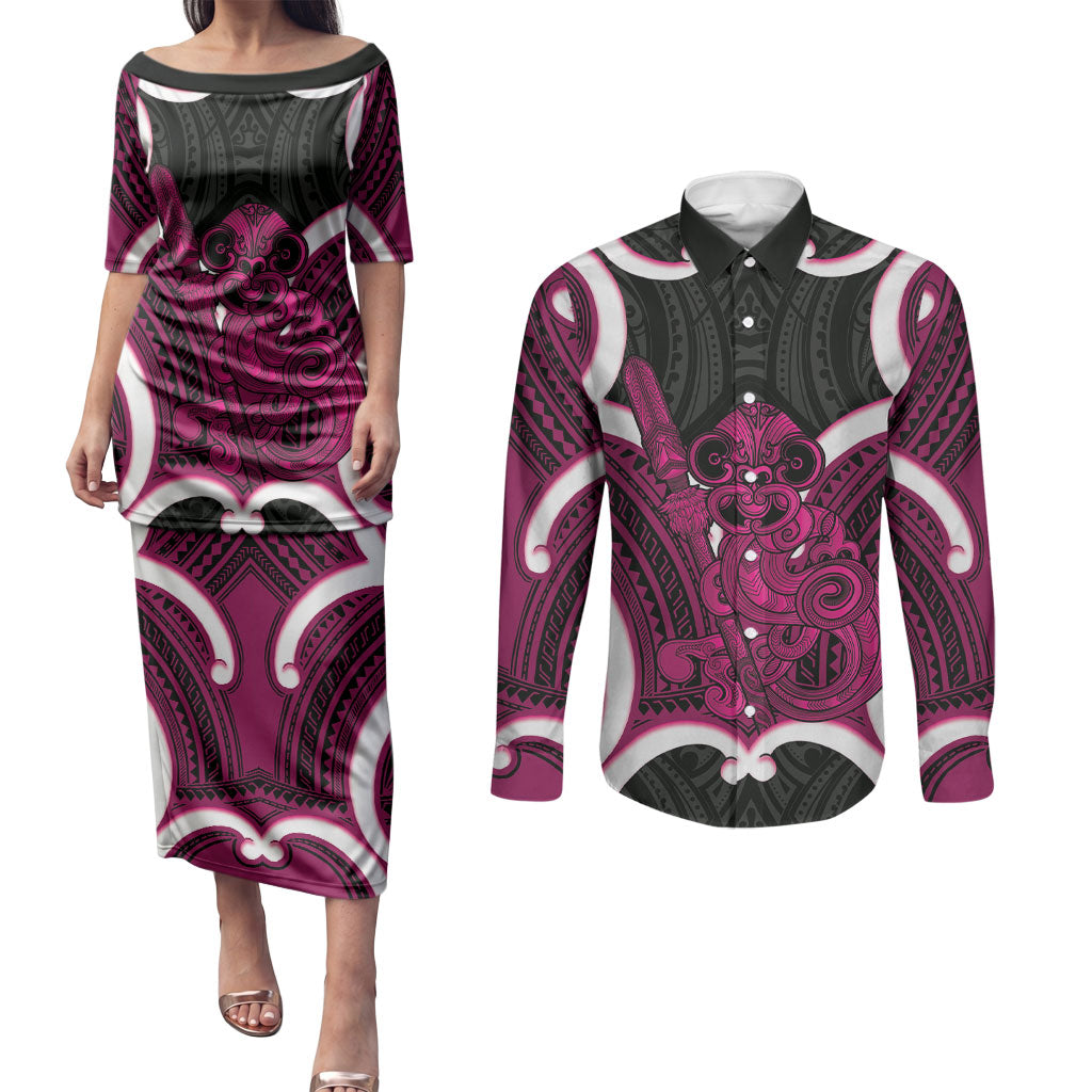 Mawhero Aotearoa Atua Tumatauenga Personalised Couples Matching Puletasi and Long Sleeve Button Shirt Maori God Of War Tiki With Taiaha LT14 Pink - Polynesian Pride