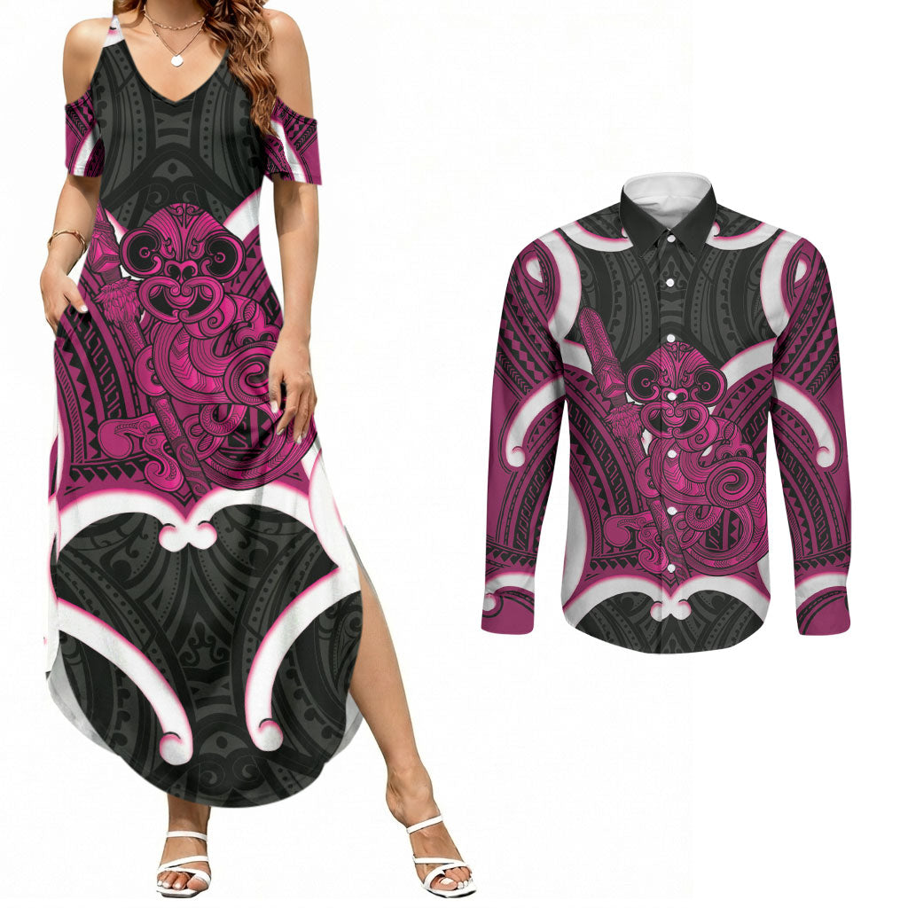 Mawhero Aotearoa Atua Tumatauenga Personalised Couples Matching Summer Maxi Dress and Long Sleeve Button Shirt Maori God Of War Tiki With Taiaha LT14 Pink - Polynesian Pride