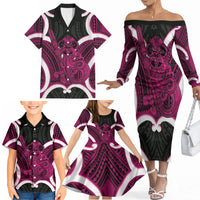 Mawhero Aotearoa Atua Tumatauenga Personalised Family Matching Off The Shoulder Long Sleeve Dress and Hawaiian Shirt Maori God Of War Tiki With Taiaha LT14 - Polynesian Pride