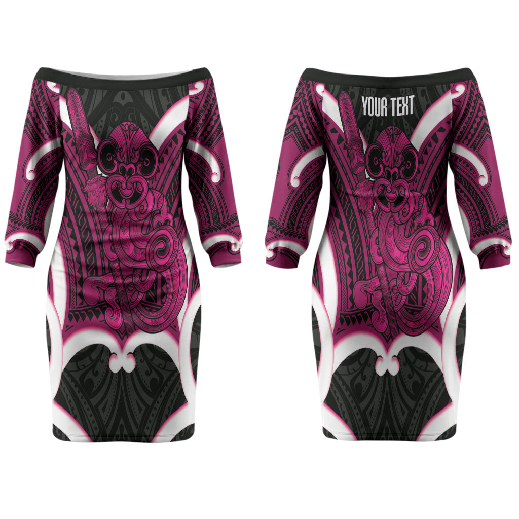 Mawhero Aotearoa Atua Tumatauenga Personalised Family Matching Off The Shoulder Long Sleeve Dress and Hawaiian Shirt Maori God Of War Tiki With Taiaha LT14 Mom's Dress Pink - Polynesian Pride