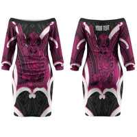 Mawhero Aotearoa Atua Tumatauenga Personalised Family Matching Off The Shoulder Long Sleeve Dress and Hawaiian Shirt Maori God Of War Tiki With Taiaha LT14 Mom's Dress Pink - Polynesian Pride