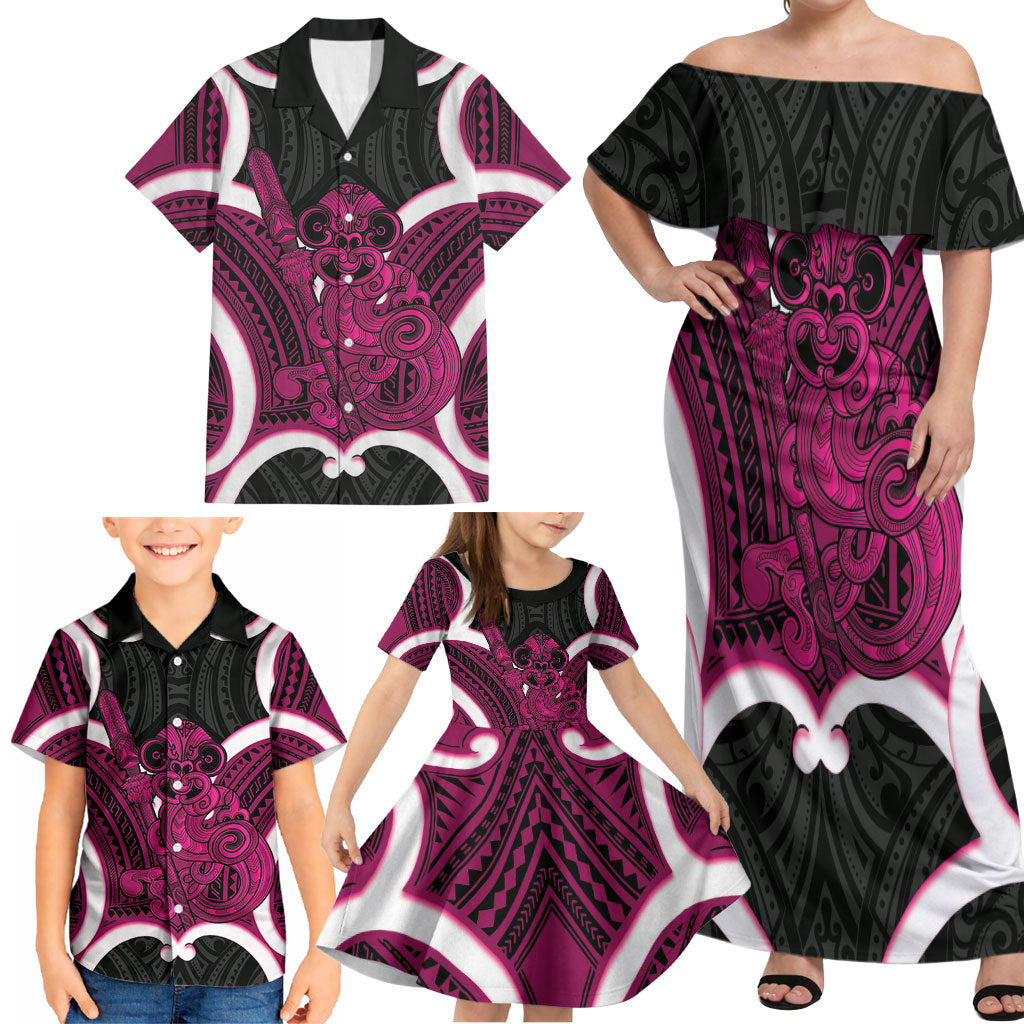 Mawhero Aotearoa Atua Tumatauenga Personalised Family Matching Off Shoulder Maxi Dress and Hawaiian Shirt Maori God Of War Tiki With Taiaha LT14 - Polynesian Pride