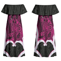 Mawhero Aotearoa Atua Tumatauenga Personalised Family Matching Off Shoulder Maxi Dress and Hawaiian Shirt Maori God Of War Tiki With Taiaha LT14 Mom's Dress Pink - Polynesian Pride