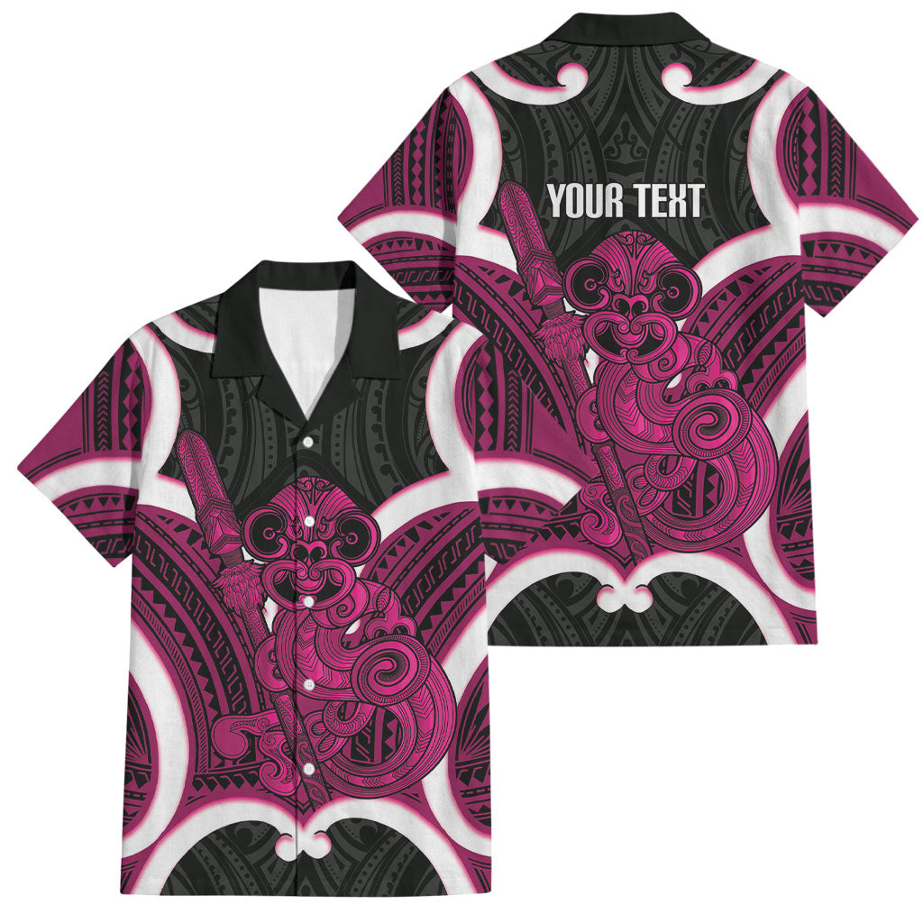 Mawhero Aotearoa Atua Tumatauenga Personalised Family Matching Off Shoulder Maxi Dress and Hawaiian Shirt Maori God Of War Tiki With Taiaha LT14 Dad's Shirt - Short Sleeve Pink - Polynesian Pride