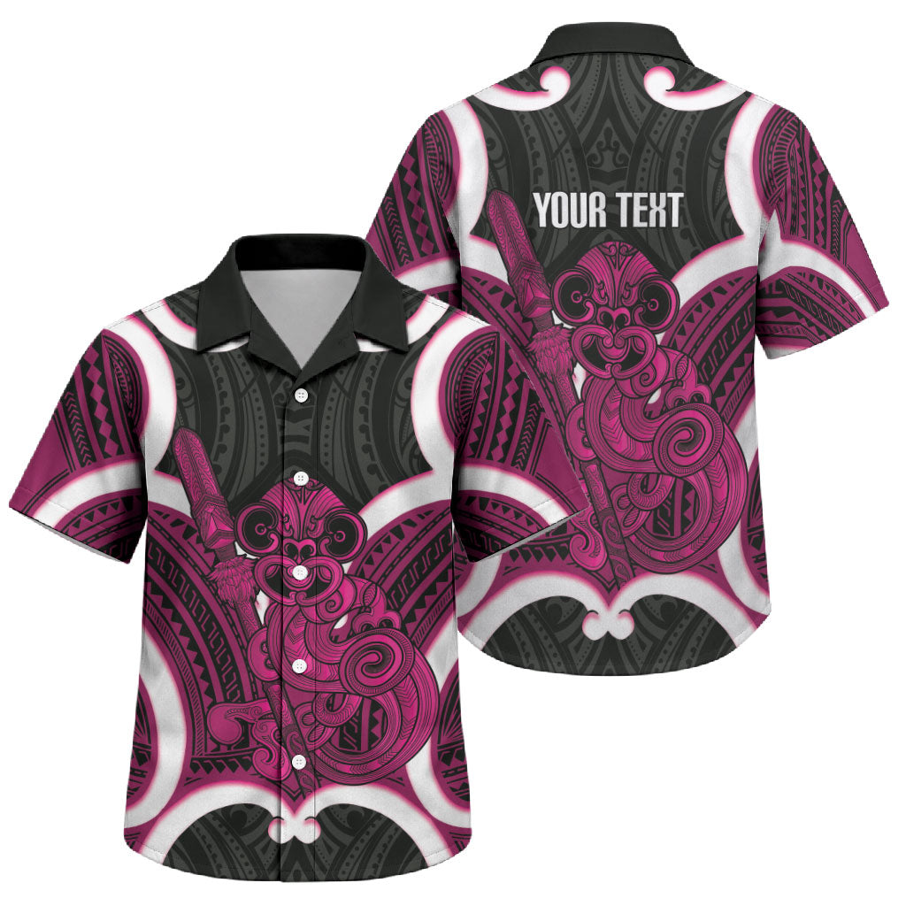 Mawhero Aotearoa Atua Tumatauenga Personalised Family Matching Off Shoulder Maxi Dress and Hawaiian Shirt Maori God Of War Tiki With Taiaha LT14 Son's Shirt Pink - Polynesian Pride