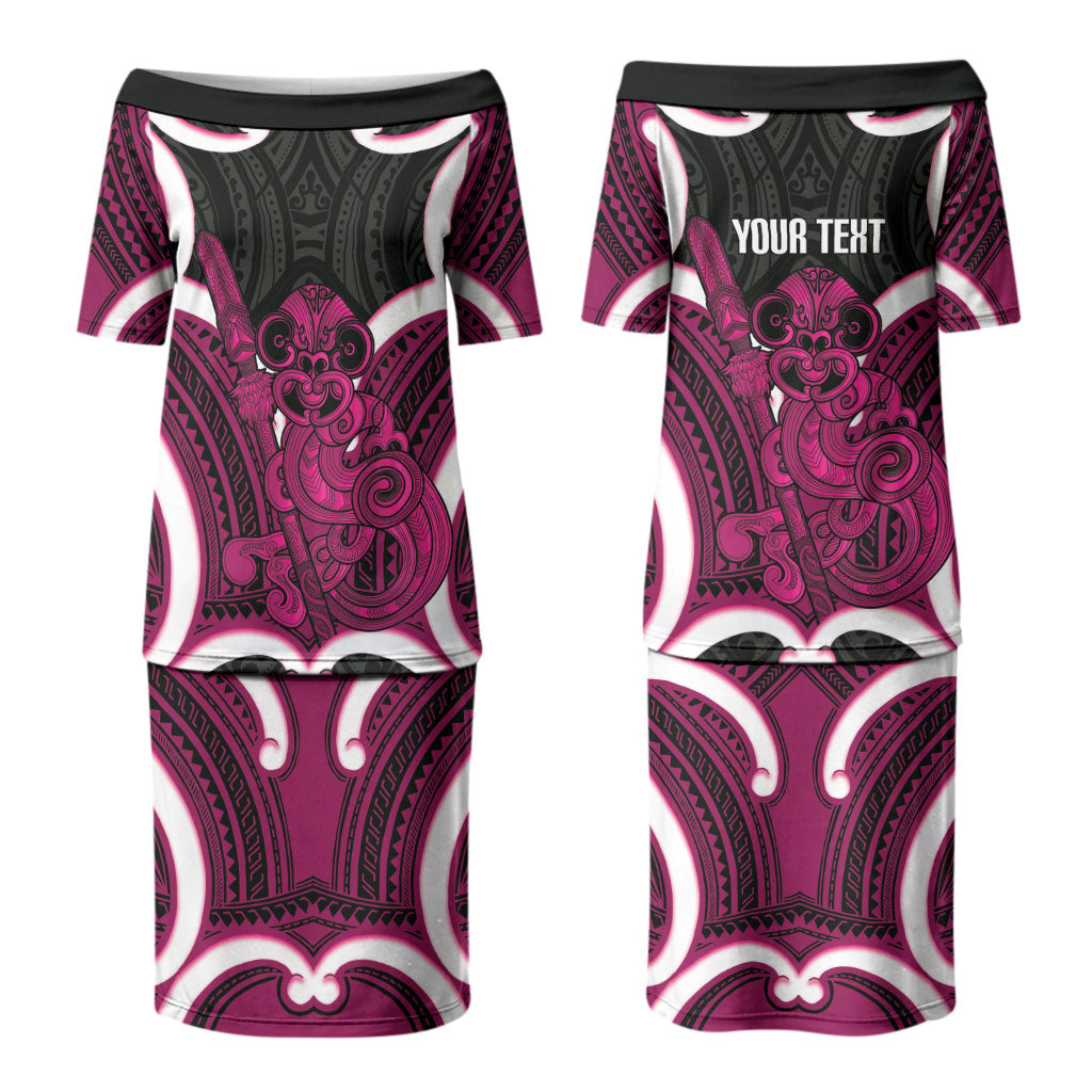 Mawhero Aotearoa Atua Tumatauenga Personalised Family Matching Puletasi and Hawaiian Shirt Maori God Of War Tiki With Taiaha LT14 Mom's Dress Pink - Polynesian Pride