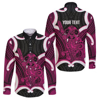 Mawhero Aotearoa Atua Tumatauenga Personalised Family Matching Puletasi and Hawaiian Shirt Maori God Of War Tiki With Taiaha LT14 Dad's Shirt - Long Sleeve Pink - Polynesian Pride