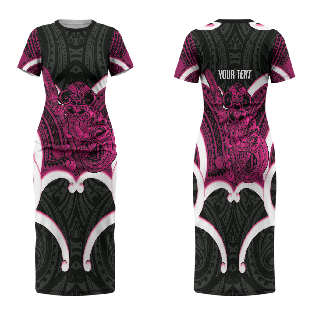 Mawhero Aotearoa Atua Tumatauenga Personalised Family Matching Short Sleeve Bodycon Dress and Hawaiian Shirt Maori God Of War Tiki With Taiaha LT14 Mom's Dress Pink - Polynesian Pride