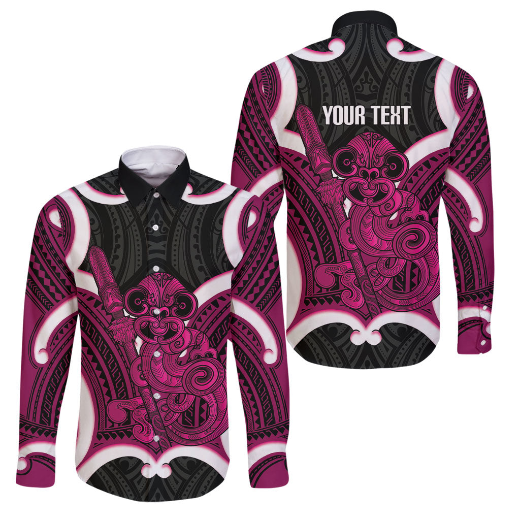 Mawhero Aotearoa Atua Tumatauenga Personalised Family Matching Summer Maxi Dress and Hawaiian Shirt Maori God Of War Tiki With Taiaha LT14 Dad's Shirt - Long Sleeve Pink - Polynesian Pride