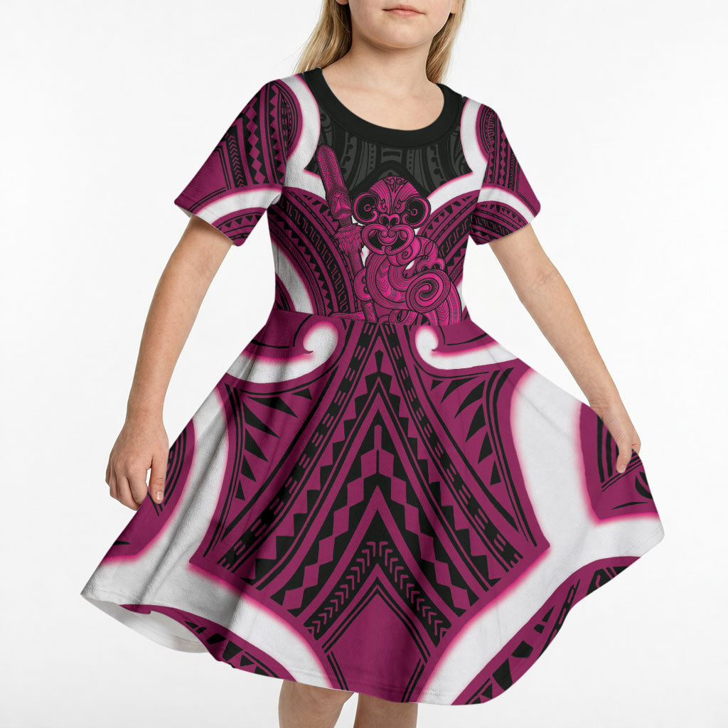 Mawhero Aotearoa Atua Tumatauenga Personalised Kid Short Sleeve Dress Maori God Of War Tiki With Taiaha LT14 - Polynesian Pride