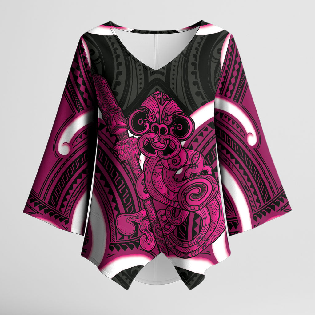 Mawhero Aotearoa Atua Tumatauenga Personalised Kimono Sleeve Blouse Maori God Of War Tiki With Taiaha LT14 Female Pink - Polynesian Pride