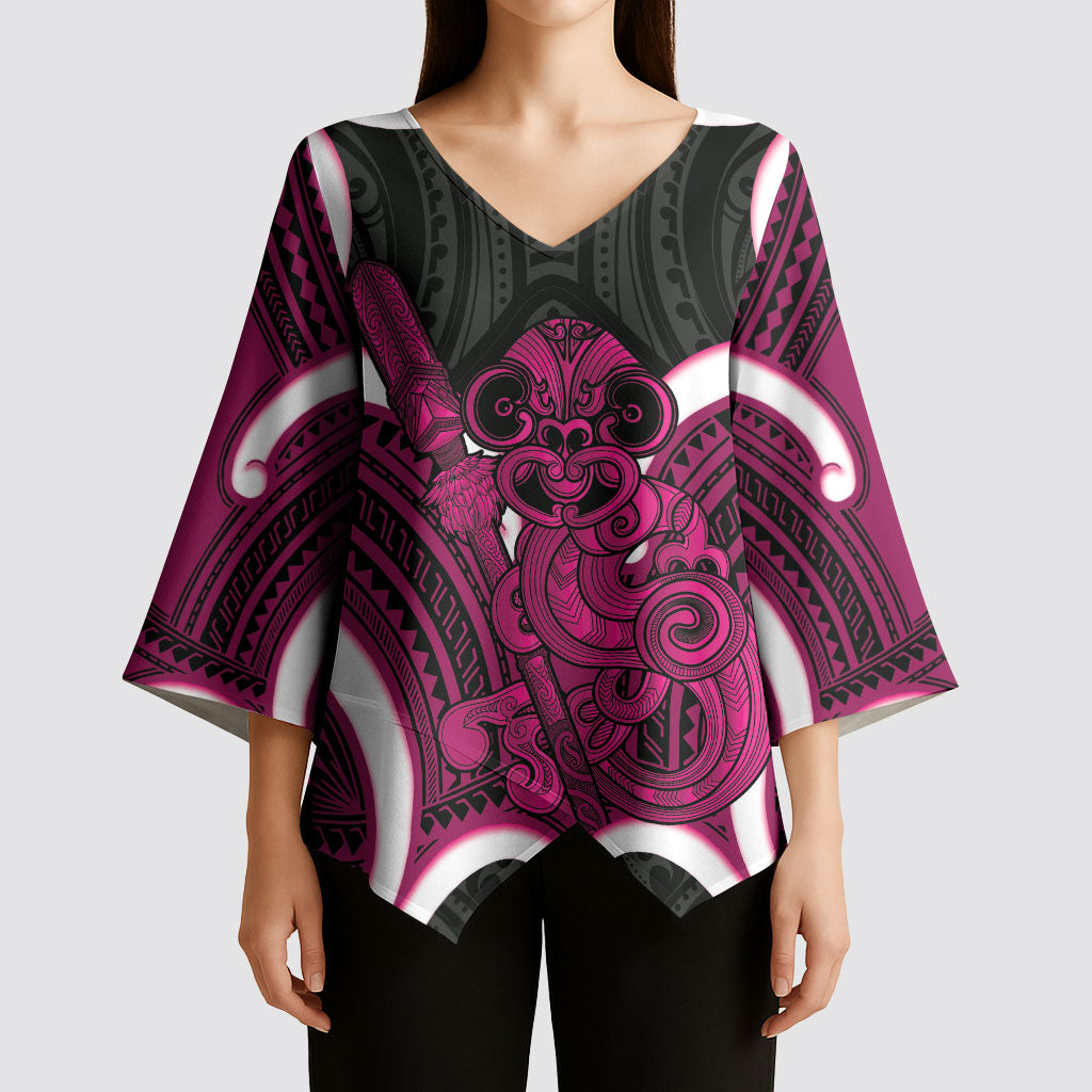 Mawhero Aotearoa Atua Tumatauenga Personalised Kimono Sleeve Blouse Maori God Of War Tiki With Taiaha LT14 - Polynesian Pride