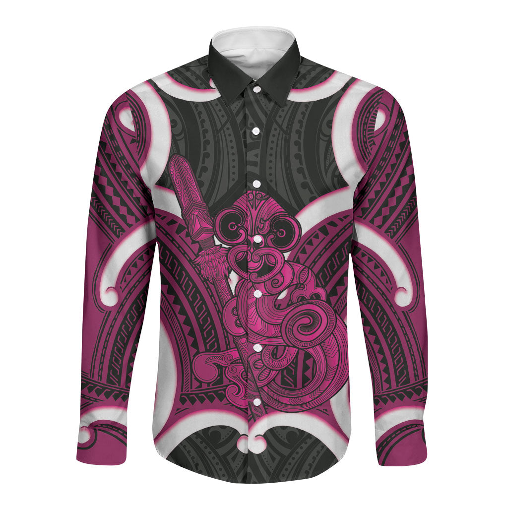 Mawhero Aotearoa Atua Tumatauenga Personalised Long Sleeve Button Shirt Maori God Of War Tiki With Taiaha LT14 Unisex Pink - Polynesian Pride