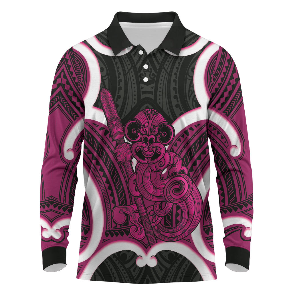 Mawhero Aotearoa Atua Tumatauenga Personalised Long Sleeve Polo Shirt Maori God Of War Tiki With Taiaha LT14 Pink - Polynesian Pride