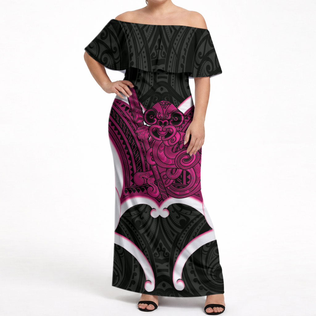 Mawhero Aotearoa Atua Tumatauenga Personalised Off Shoulder Maxi Dress Maori God Of War Tiki With Taiaha LT14 Women Pink - Polynesian Pride