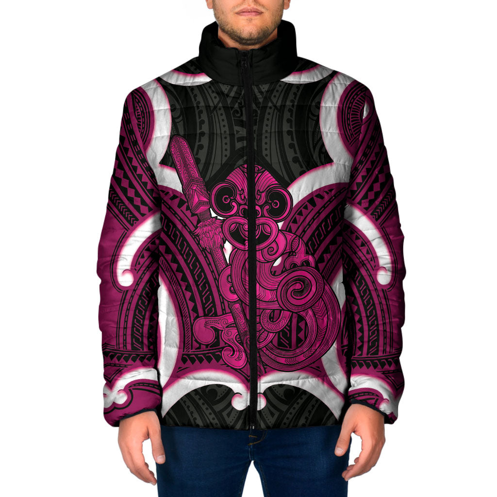 Mawhero Aotearoa Atua Tumatauenga Personalised Padded Jacket Maori God Of War Tiki With Taiaha LT14 Men Pink - Polynesian Pride