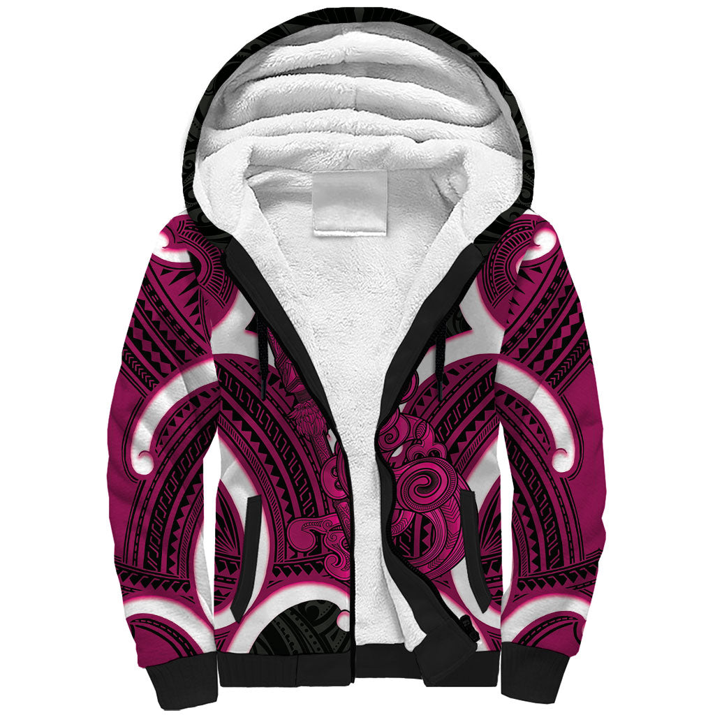 Mawhero Aotearoa Atua Tumatauenga Personalised Sherpa Hoodie Maori God Of War Tiki With Taiaha LT14 Unisex Pink - Polynesian Pride
