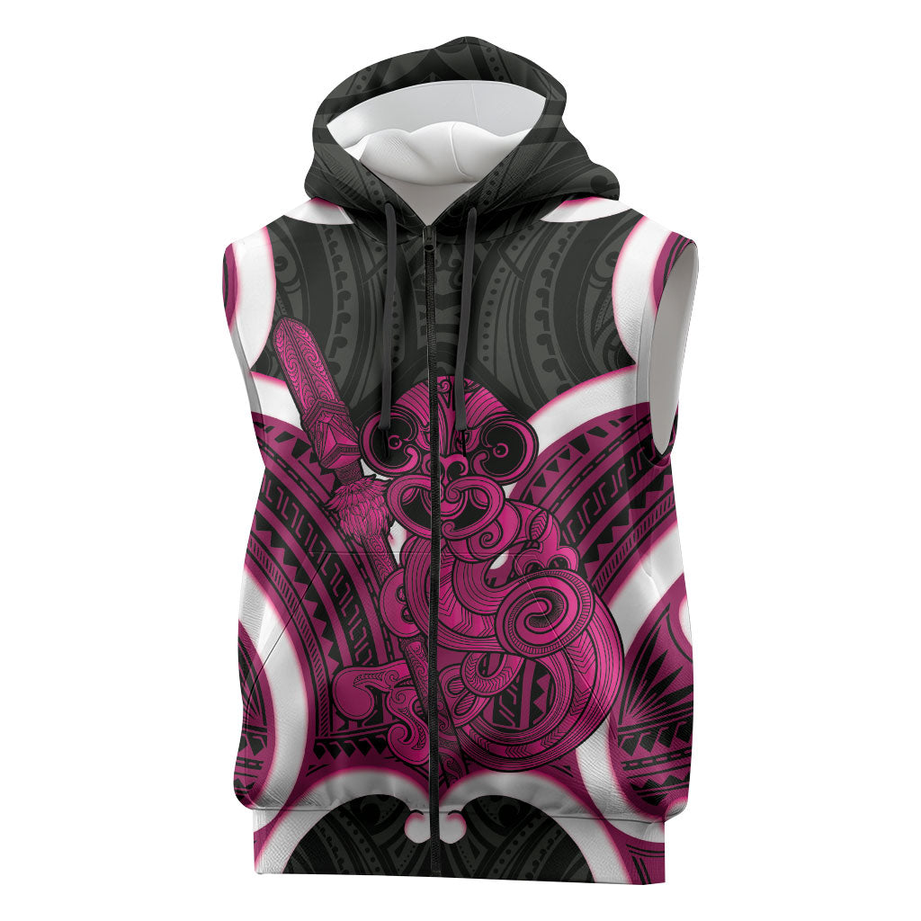 Mawhero Aotearoa Atua Tumatauenga Personalised Sleeveless Zip Hoodie Maori God Of War Tiki With Taiaha LT14 Pink - Polynesian Pride