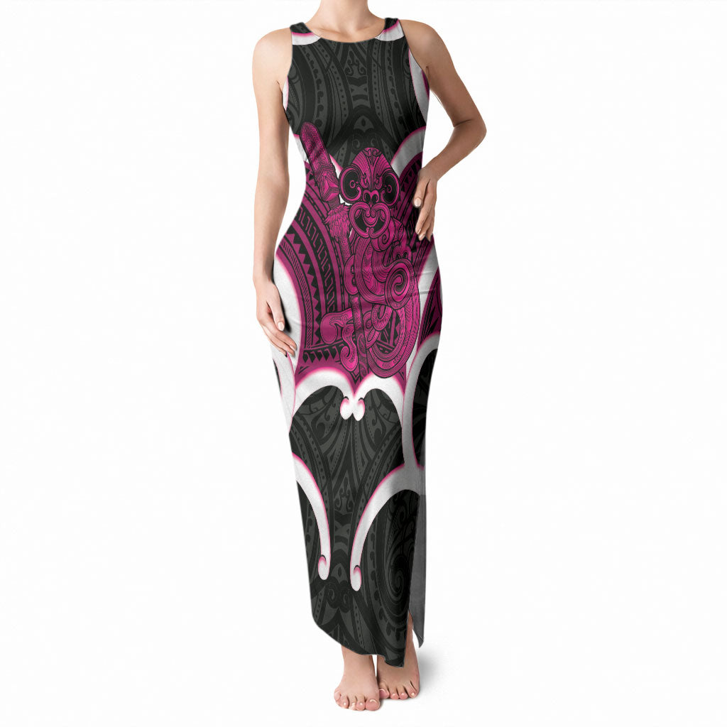 Mawhero Aotearoa Atua Tumatauenga Personalised Tank Maxi Dress Maori God Of War Tiki With Taiaha LT14 Women Pink - Polynesian Pride
