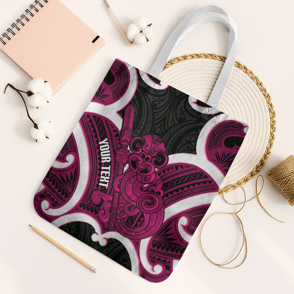 Mawhero Aotearoa Atua Tumatauenga Personalised Tote Bag Maori God Of War Tiki With Taiaha LT14 White Strap One Size Pink - Polynesian Pride