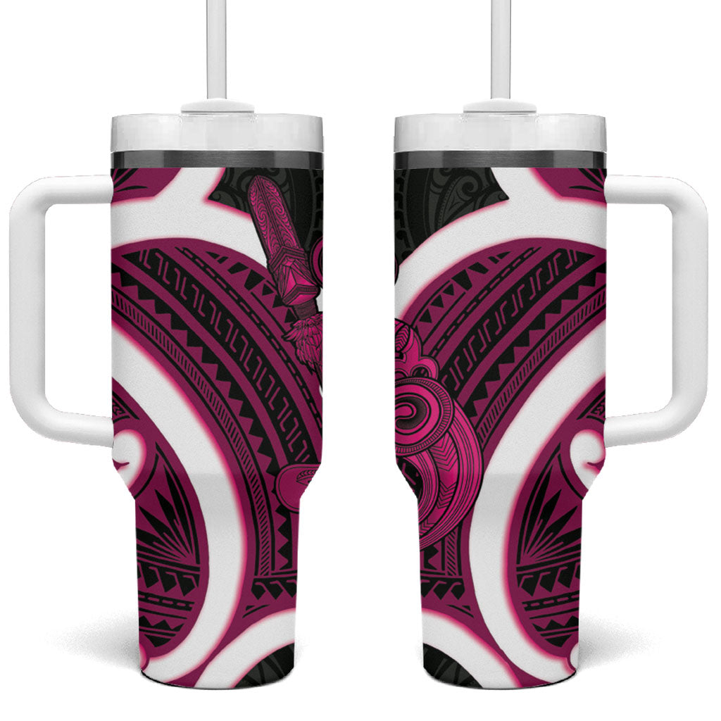 Mawhero Aotearoa Atua Tumatauenga Tumbler With Handle Maori God Of War Tiki With Taiaha LT14 One Size: 40 oz Pink - Polynesian Pride