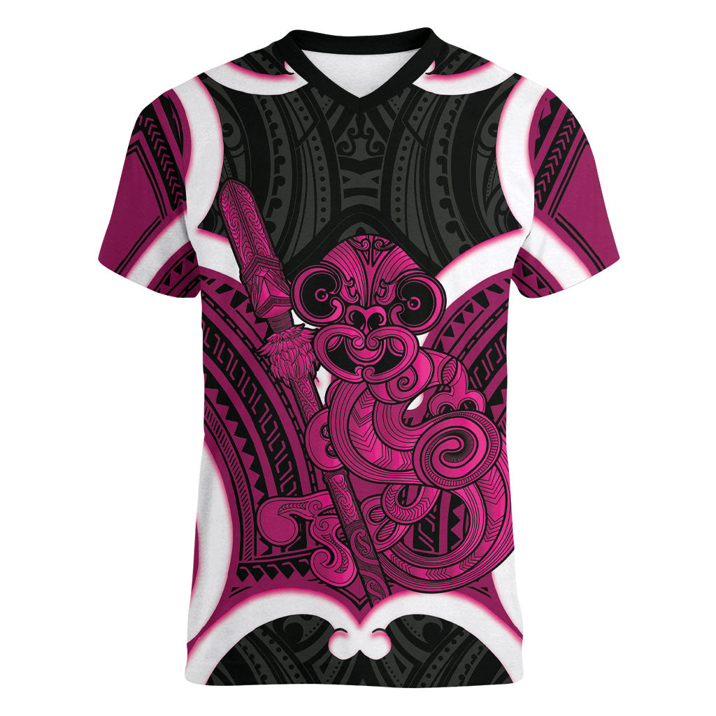 Mawhero Aotearoa Atua Tumatauenga Personalised Women V-Neck T-Shirt Maori God Of War Tiki With Taiaha LT14 Female Pink - Polynesian Pride