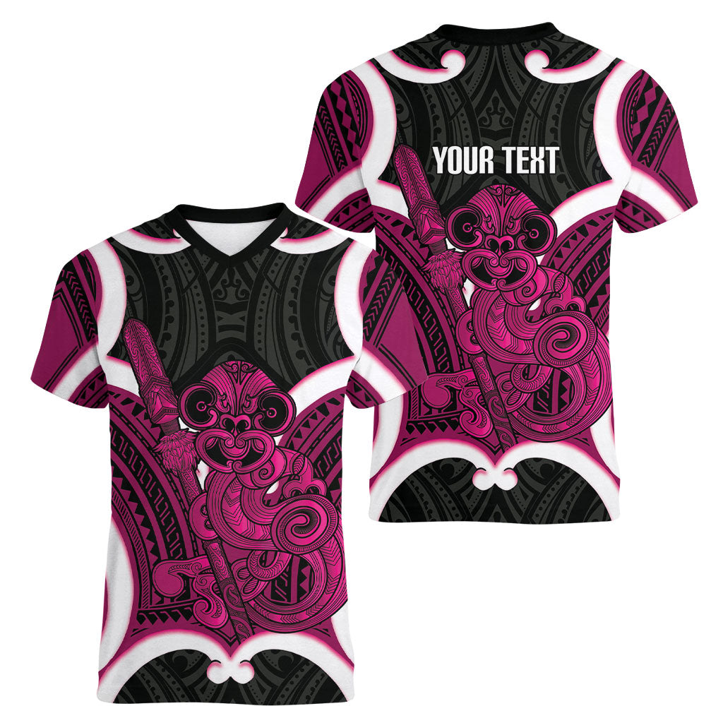 Mawhero Aotearoa Atua Tumatauenga Personalised Women V-Neck T-Shirt Maori God Of War Tiki With Taiaha LT14 - Polynesian Pride