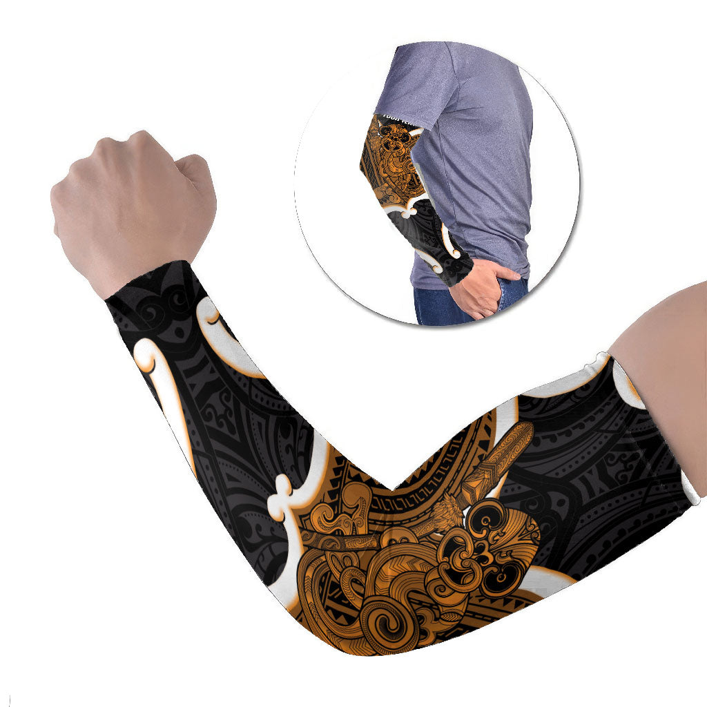 Karaka Aotearoa Atua Tumatauenga Personalised Arm Sleeves Maori God Of War Tiki With Taiaha LT14 Set of 2 Orange - Polynesian Pride