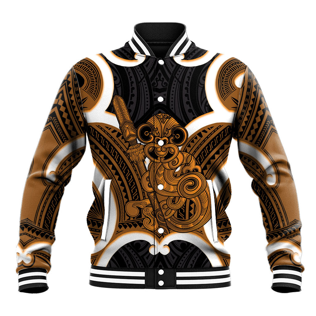 Karaka Aotearoa Atua Tumatauenga Personalised Baseball Jacket Maori God Of War Tiki With Taiaha LT14 Unisex Orange - Polynesian Pride