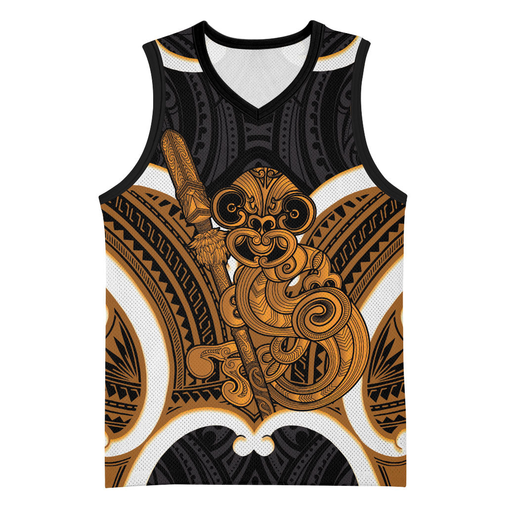 Karaka Aotearoa Atua Tumatauenga Personalised Basketball Jersey Maori God Of War Tiki With Taiaha LT14 Unisex Orange - Polynesian Pride