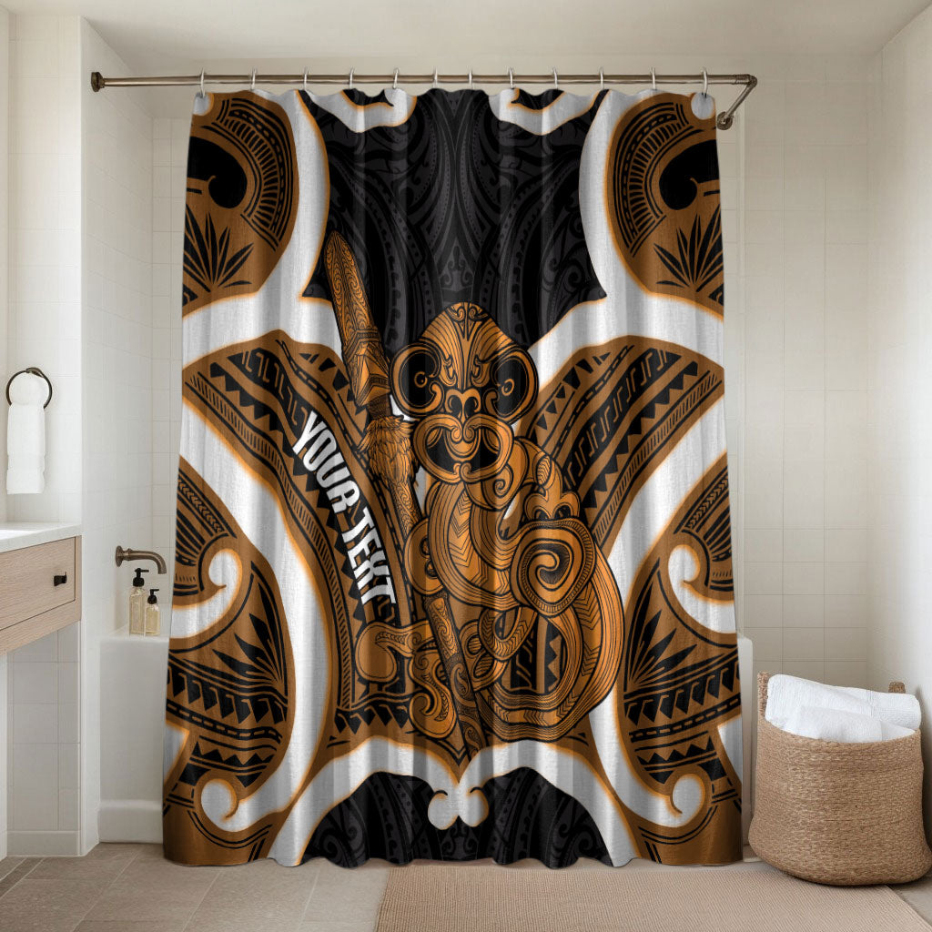 Karaka Aotearoa Atua Tumatauenga Personalised Bathroom Set Maori God Of War Tiki With Taiaha LT14 Shower Curtain Only Orange - Polynesian Pride