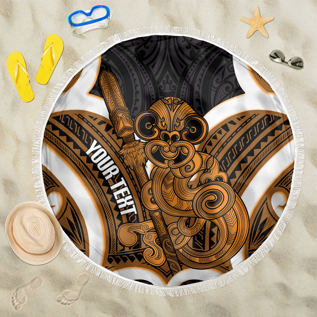 Karaka Aotearoa Atua Tumatauenga Personalised Beach Blanket Maori God Of War Tiki With Taiaha LT14 One Size 150cm Orange - Polynesian Pride