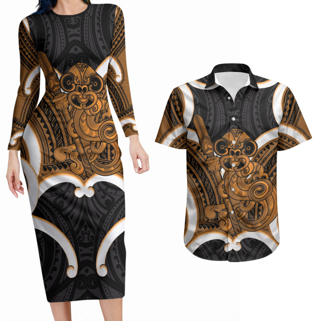 Karaka Aotearoa Atua Tumatauenga Personalised Couples Matching Long Sleeve Bodycon Dress and Hawaiian Shirt Maori God Of War Tiki With Taiaha LT14 Orange - Polynesian Pride