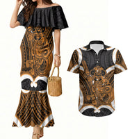 Karaka Aotearoa Atua Tumatauenga Personalised Couples Matching Mermaid Dress and Hawaiian Shirt Maori God Of War Tiki With Taiaha LT14 Orange - Polynesian Pride