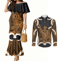 Karaka Aotearoa Atua Tumatauenga Personalised Couples Matching Mermaid Dress and Long Sleeve Button Shirt Maori God Of War Tiki With Taiaha LT14 Orange - Polynesian Pride