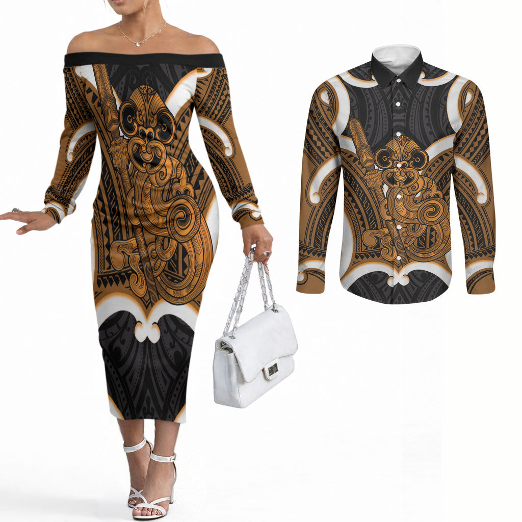 Karaka Aotearoa Atua Tumatauenga Personalised Couples Matching Off The Shoulder Long Sleeve Dress and Long Sleeve Button Shirt Maori God Of War Tiki With Taiaha LT14 Orange - Polynesian Pride
