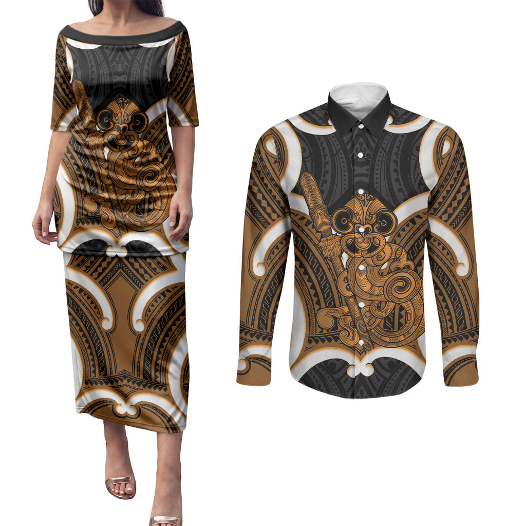 Karaka Aotearoa Atua Tumatauenga Personalised Couples Matching Puletasi and Long Sleeve Button Shirt Maori God Of War Tiki With Taiaha LT14 Orange - Polynesian Pride