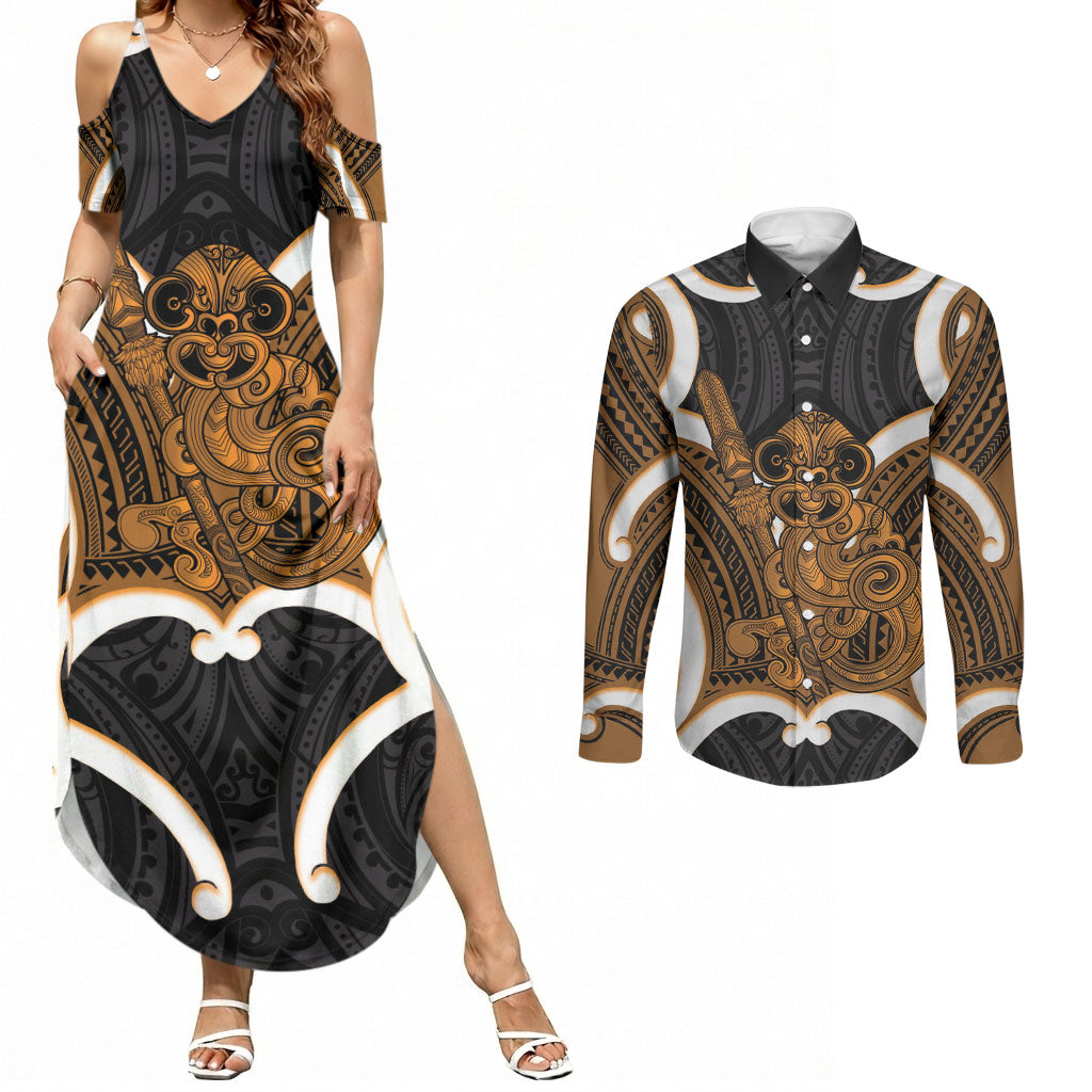Karaka Aotearoa Atua Tumatauenga Personalised Couples Matching Summer Maxi Dress and Long Sleeve Button Shirt Maori God Of War Tiki With Taiaha LT14 Orange - Polynesian Pride