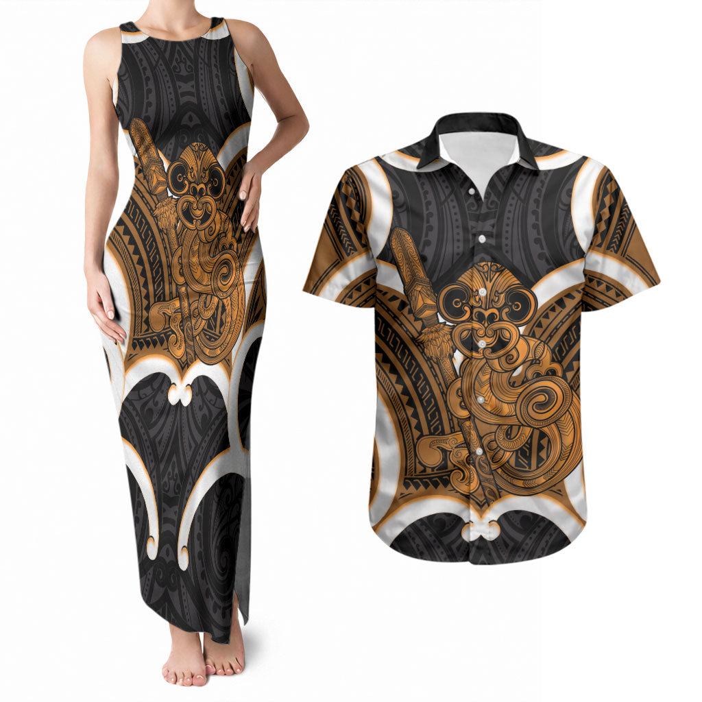 Karaka Aotearoa Atua Tumatauenga Personalised Couples Matching Tank Maxi Dress and Hawaiian Shirt Maori God Of War Tiki With Taiaha LT14 Orange - Polynesian Pride