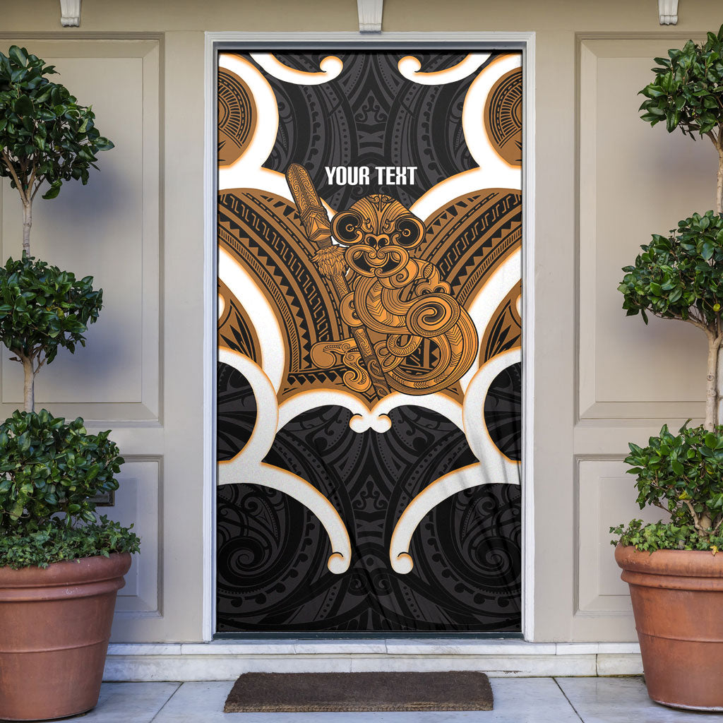 Karaka Aotearoa Atua Tumatauenga Personalised Door Cover Maori God Of War Tiki With Taiaha LT14 Orange - Polynesian Pride