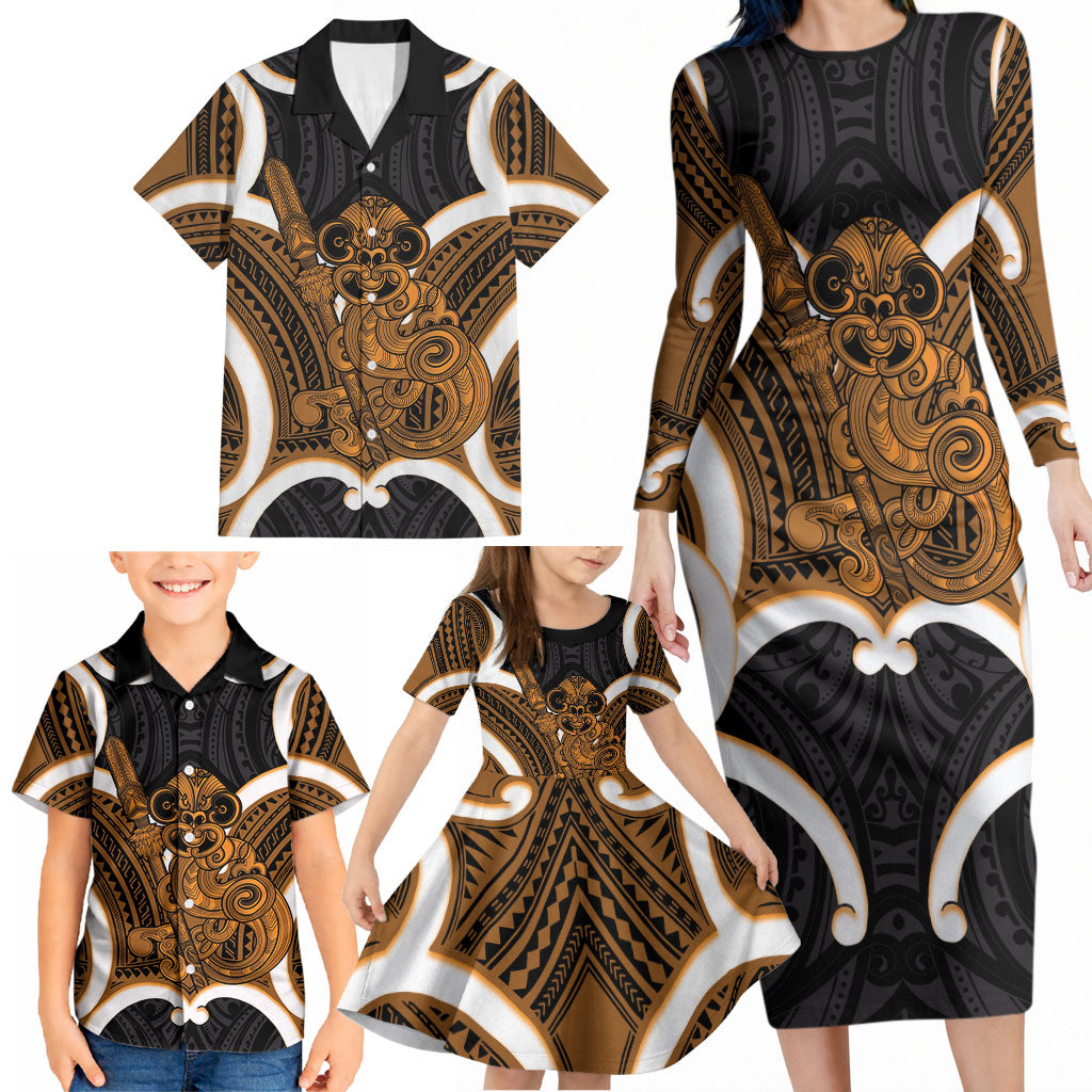 Karaka Aotearoa Atua Tumatauenga Personalised Family Matching Long Sleeve Bodycon Dress and Hawaiian Shirt Maori God Of War Tiki With Taiaha LT14 - Polynesian Pride
